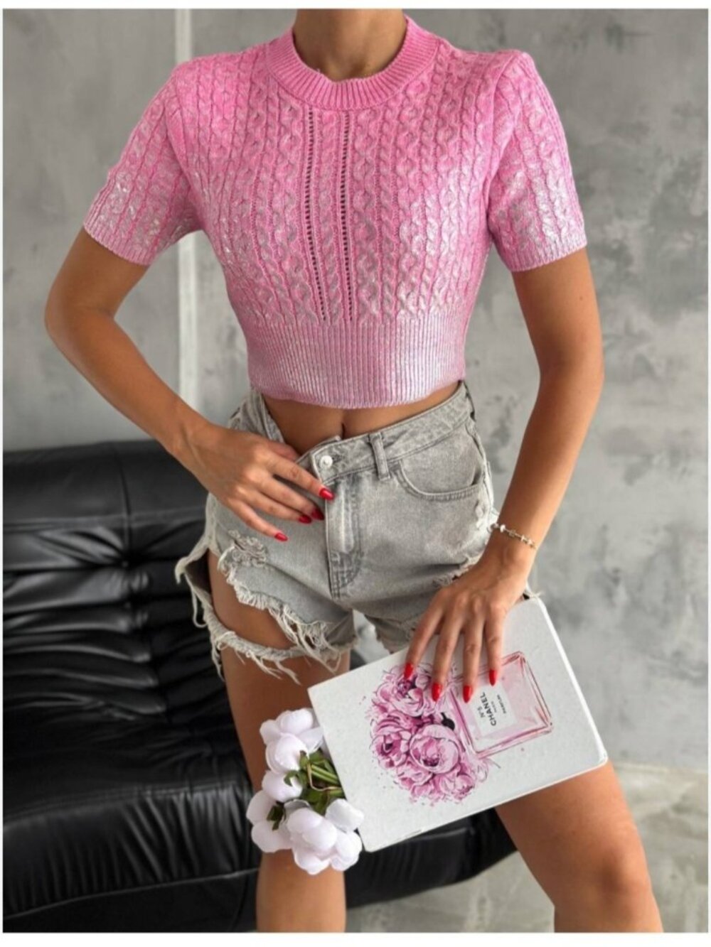 Zara Cable Knit Metallic Crop Sweater Pink M